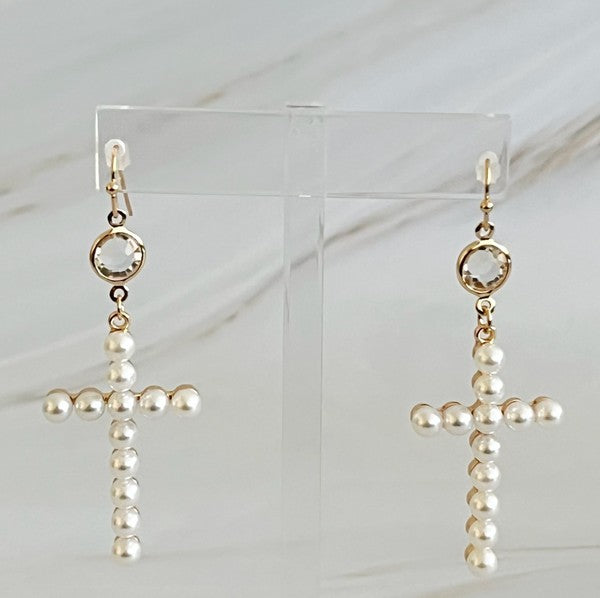 Pearl Cross Dangle Earrings