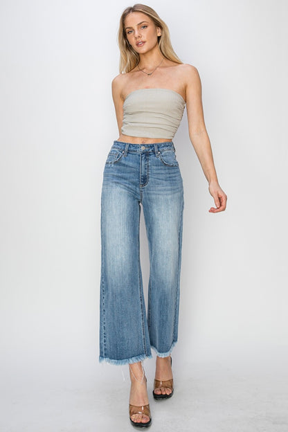 RISEN Raw Hem Cropped Wide Leg Jeans