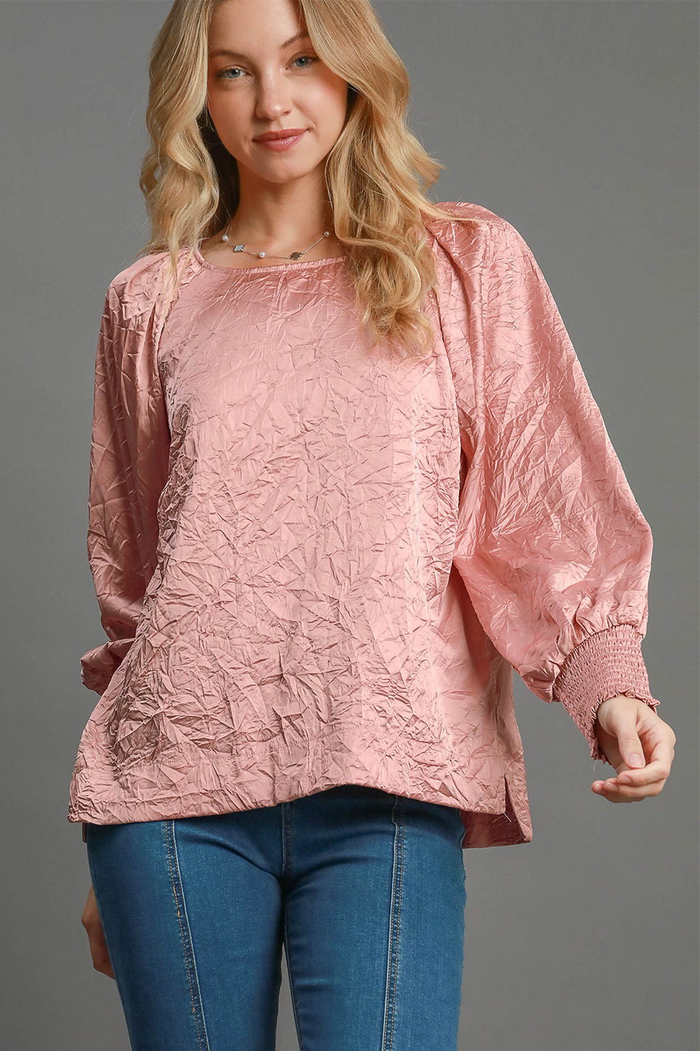 Umgee Wrinkled Round Neck Lantern Sleeve Blouse